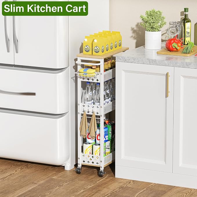 Utility Slim Storage Cart for Home Laundry Room, Bathroom, Kitchen | 4-Tier narrow rolling cart for small space, Holds tall bottles, Upgraded metal hub casters, Premium wood & metal mesh shelves - Image 5