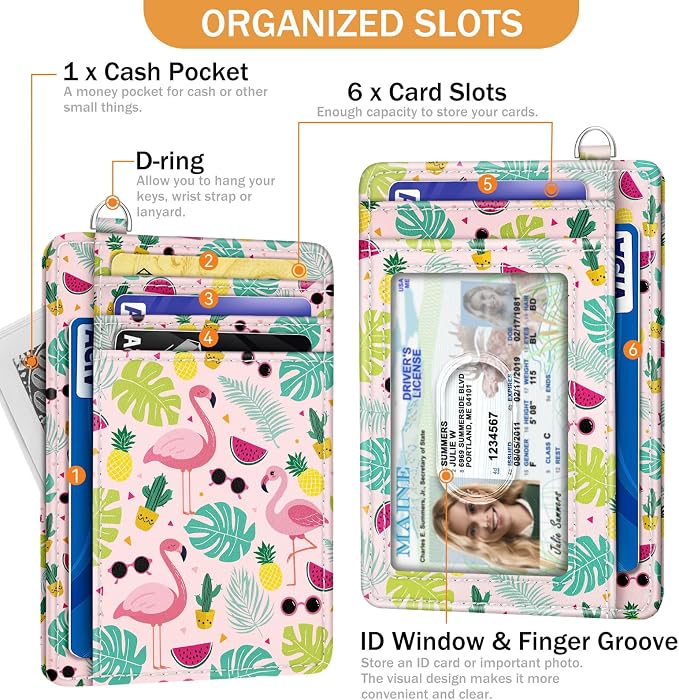 Yonlevres Flamingo Credit Card Holder Slim Wallet Women RFID Blocking Small | Front Pocket, Handy, RFID Blocking, Woman Girls Ladies Gifts, D-ring for Keychain,Thin Mini Card Case, ID Window, PU Leather - Image 4