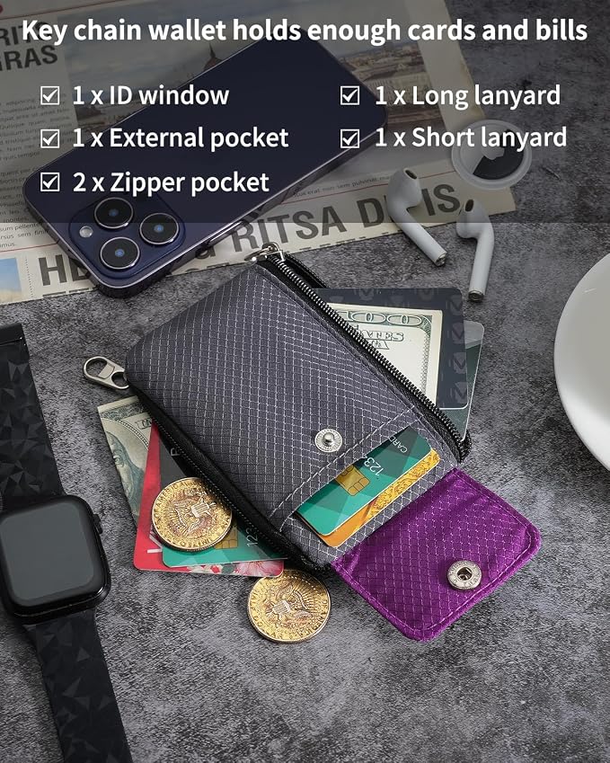 Artpaxy Minimalist Wallet For Mens Womens, Keychain RFID Blocking Zipper Small Wallet with ID Window 2 Lanyards,Water Resistant Travel Cash Card Coin Case Boys Girls - Image 5