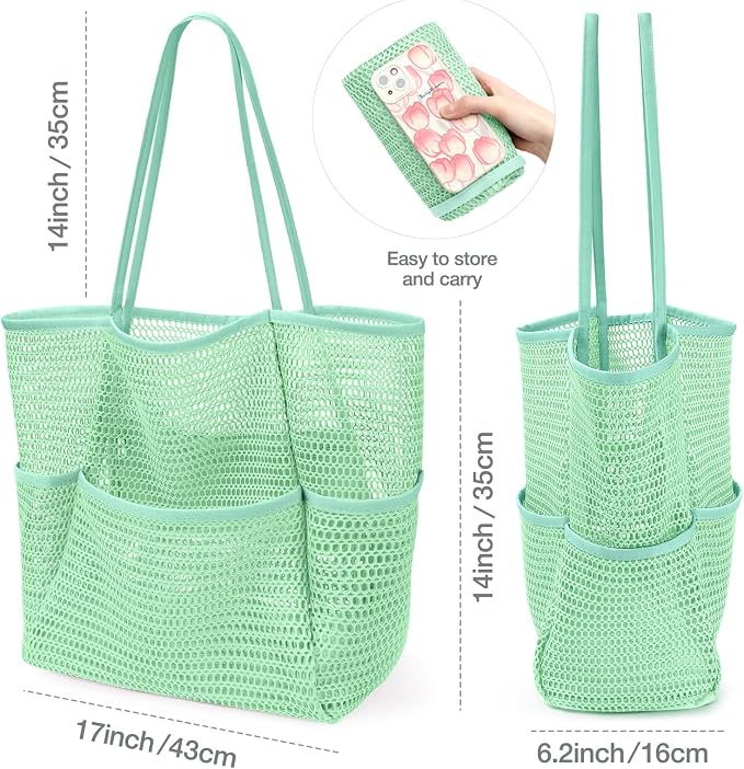 KPX Beach Bag with Mini Pocket, Summer Beach Tote Bags for Women Large Foldable Mesh Swimming Pool Travel Bags - Sandproof - Image 2