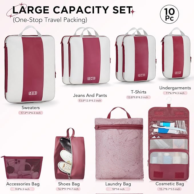 OlarHike 10 Set Compression Packing Cubes for Travel Essentials,Compressible Expandable Space Saver Bags for Organizing Clothes,Luggage Suitcase Garment Bags with Over 1000 pcs Mesh Holes(Wine Red) - Image 2