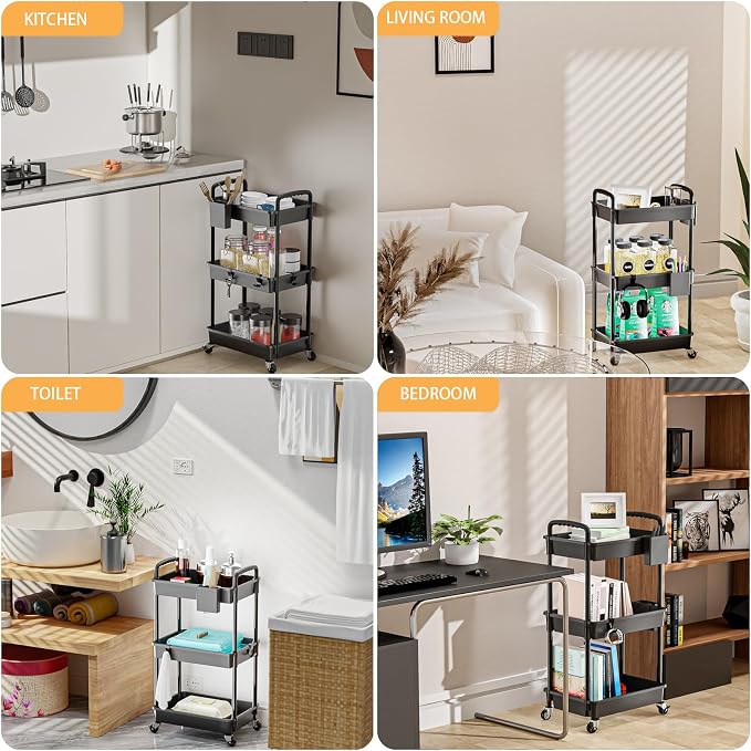 3 Tier Rolling Utility Cart with Handle,REBECAT Utility Cart Made of Multifunctional Storage Organizer Tool for Kitchen,Bathroom,Living Room,Office(Black) - Image 6