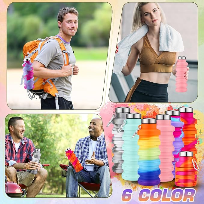Sunnyray 20 Pack Collapsible Water Bottles Bulk Foldable Water Bottles 17oz Silicone Portable Leak Proof Reusable Sports with Clip for Travel Hiking Camping Outdoor (Tie-dye) - Image 6