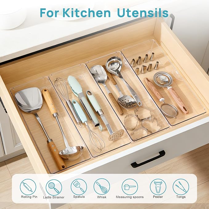Vtopmart 4 Pack Clear Kitchen Drawer Organizer, 15x6 Inch Utensil Tray | Silverware Organizer Trays for Flatware, Cutlery and Kitchen Utensils, Large Clear Bins Create a Neat and Organized Drawer - Image 4