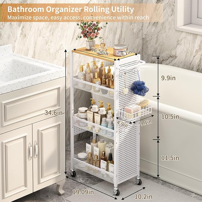 Slim Storage Rolling Cart: 4-Tier Narrow Metal & Wood Utility Cart with Wheels for Kitchen/Laundry/Bathroom(White) - Image 2