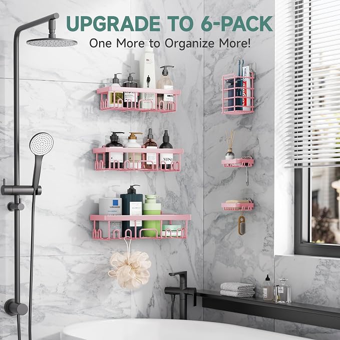 Veken Large Capacity Shower Caddy 6-Pack, No Drilling & Rustproof, Adhesive Shower Shelves with Soap Holder, Bathroom Organizers and Storage, Wall-Mounted Kitchen & Home Decor, Pink - Image 6