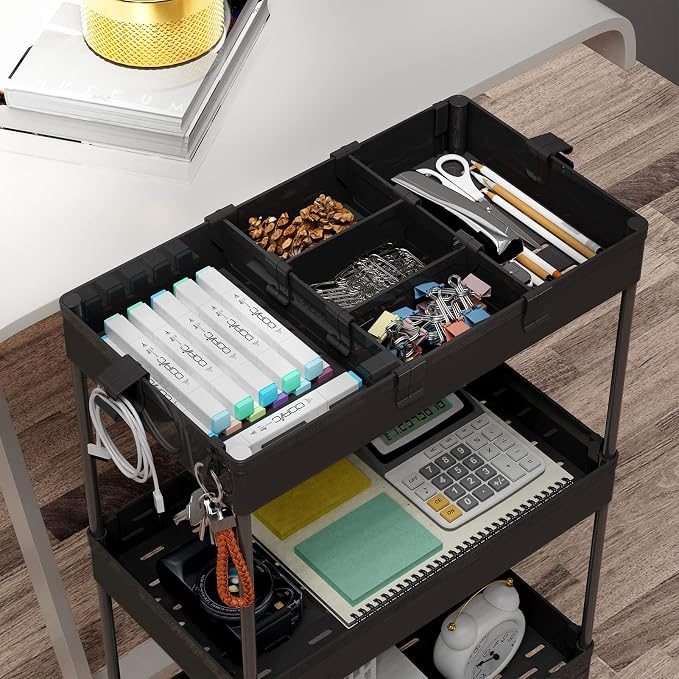 4 Tier Rolling Cart with Wheels, Storage Craft Art Trolley Organizer Serving, 3 Hanging Baskets Easy Assembly, for Office, Living Room, Kitchen - Image 2