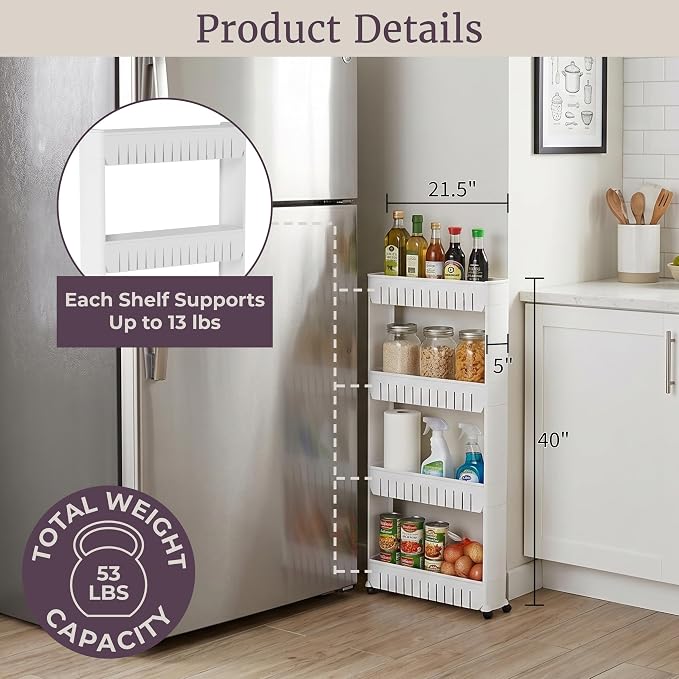 Lavish Home 4-Tier Storage Organizer Rack, White, 21.5” x 5” x 40” | Plastic Rolling Cart for Office, Dorm, Bedroom, Bathroom, and Laundry Room Organizing - Image 2