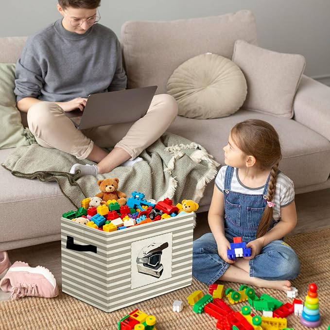 Rustic Dirt Bike Helmet Storage Bins Boxes Handles | grey striped nursery foldable basket for organizing bedroom toddler playroom - Image 4