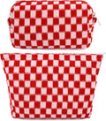 SOIDRAM 2 Pcs Checkered Makeup Bag Large Cosmetic Bag Toiletry Bag Makeup Pouch Travel Bag Organizer Cute Makeup Brushes Aesthetic Accessories Storage Bag for Women Red by SOIDRAM