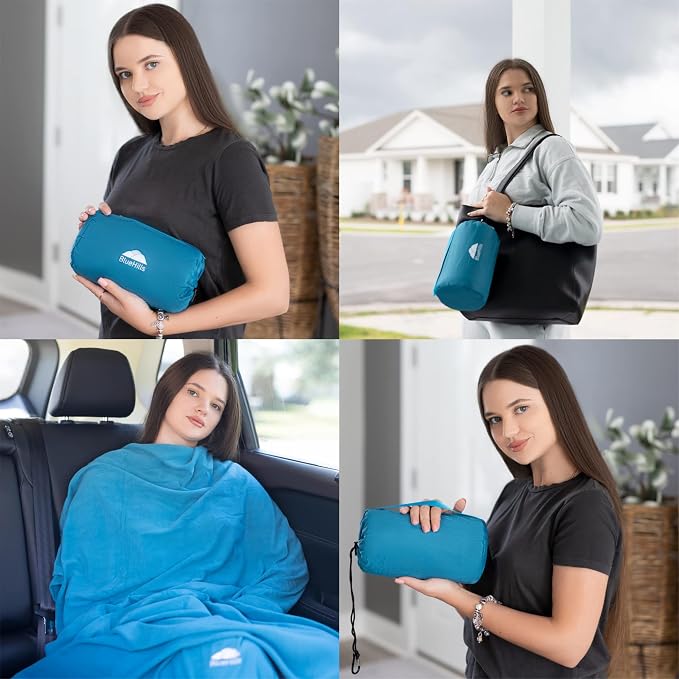 BlueHills Ultra Compact Travel Blanket Pillow 2 Pack Airplane Peacock Teal | Travel Set Blanket/Pillows, Matching Bag/Pillowcase, Luggage Belt & Backpack Clip, Compact & Packable, Traveling Essentials - Image 3