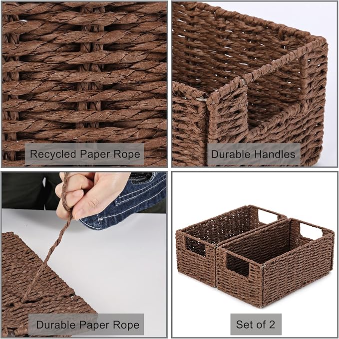 Wicker Storage Basket, Set of 2 Hand-Woven Paper Rope Wicker Basket, Small Storage Baskets for Organizing Toilet Paper Basket, Foldable Large Cube Storage Organizer Bins for Shelves (Brown) - Image 5