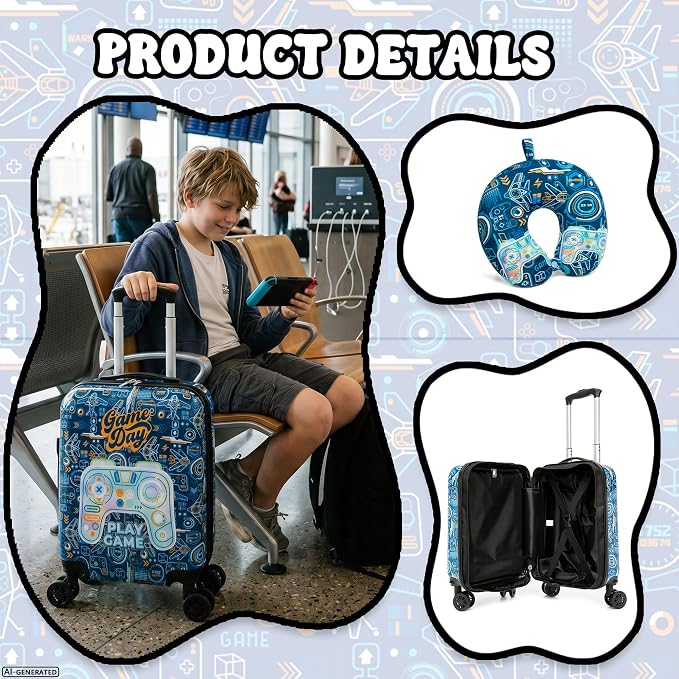 Kids Luggage Sets for Boys 2 Piece Rolling Suitcases with Wheels Hardshell Toddler Suitcase with Travel Pillow Carry on Travel Luggage with Wheels - Image 4