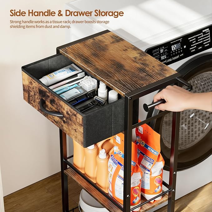 Lewondr 3-Tier Slim Storage Cart with Drawer, Rolling Utility Cart, Black | Handle & Lockable Wheels, with Wood Top, Metal Frame, Kitchen Bathroom Laundry Room Organizer for Small Spaces - Image 4