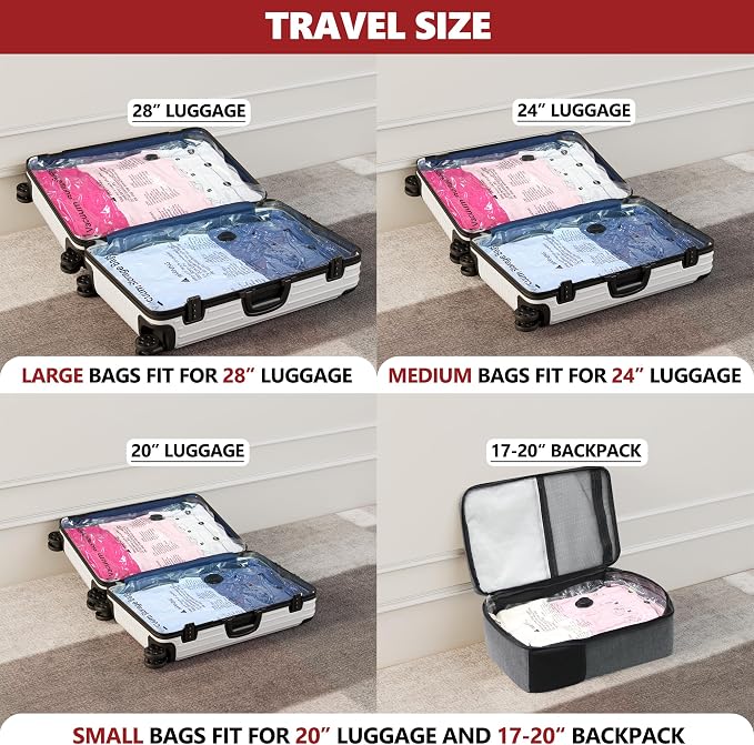 Vacuum Seal Bags for Clothing Travel and Home Storage, Travel Vacuum Bags with Electric Pump, Space Saver Compression Packing Cubes for Luggage Suitcase Bedding Blankets Clothes, 12 Combo - Image 3