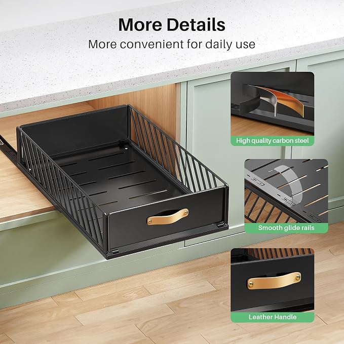 Pull out Cabinet Organizer,Heavy Duty Slide out Pantry Shelves Drawer Storage with Adhesive Nano Film,Sliding Mesh Cabinet Basket with Handle for Kitchen, Bathroom, Home, 15.8"W X 21"D X6.2"H,Black - Image 7