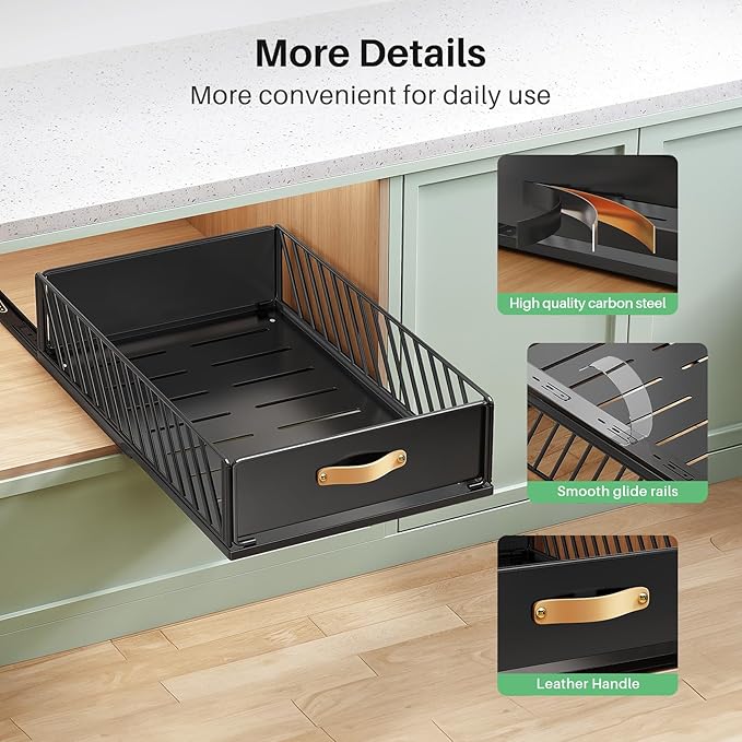 Pull out Cabinet Organizer,Heavy Duty Slide out Pantry Shelves Drawer Storage with Adhesive Nano Film,Sliding Mesh Cabinet Basket with Handle for Kitchen, Bathroom, Home, 13.8"W X 21"D X6.2"H,Black - Image 8
