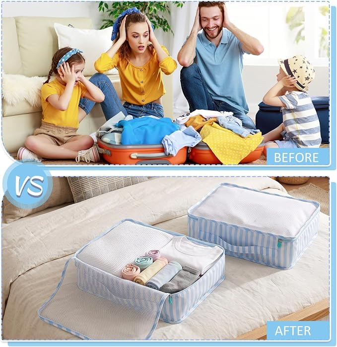 Silkfly 8 Pcs XL Packing Cube for Travel Luggage,Stripe,Blue, White | 17.7 x 13 x 4.7, Same Size, Blue White Stripe Suitcase Storage Organizer Set, Reusable Mesh Clothes Cube for Camp Family - Image 7