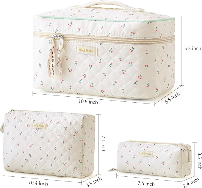 HBselect Quilted Makeup Bag, 3Pcs Cotton Large Travel Makeup Bags Organizer | Cute Floral Make up Bag Cosmetic Bag Toiletry Bag for Women Girls, Makeup Pouch for Skincare, Brushes & Travel Essentials - Image 6