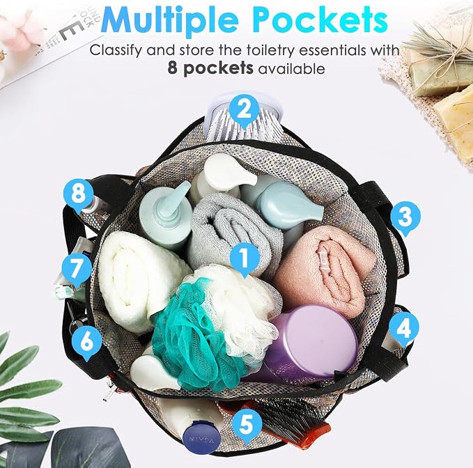 Fammart Mesh Shower Caddy Portable for College Dorm Room Essentials, 8-Pocket Large Shower Basket Tote Bag with 2 Handles for Toiletry, Bathroom, Beach, Camp, Gym - Image 4
