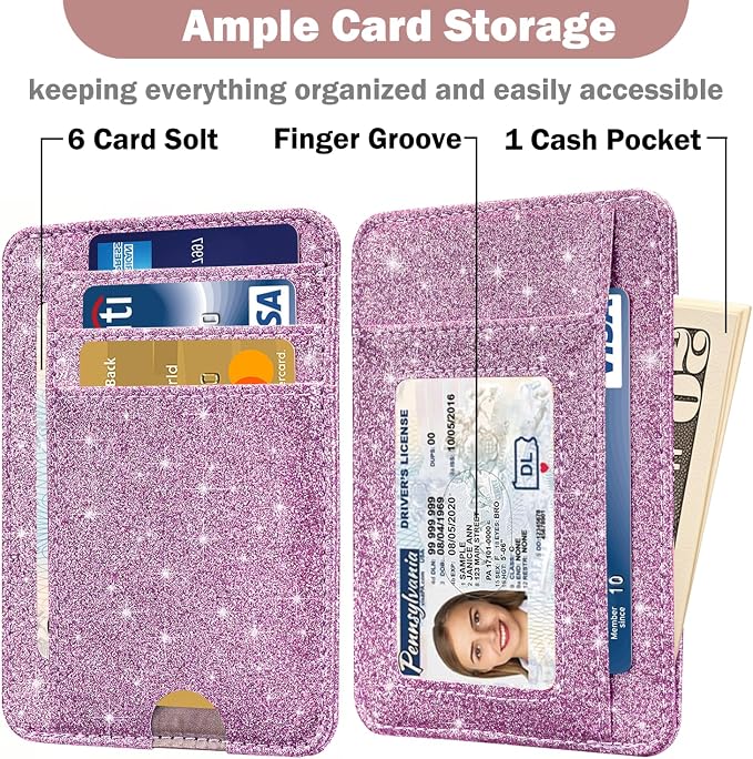 HOTCOOL Card Holder Wallet Front Pocket Minimalist Travel Cute Funny Thin Leather With RFID Blocking Small Credit Card Holder Wallet for Men & Women Girls Organizer Gifts, Glitter Purple - Image 3