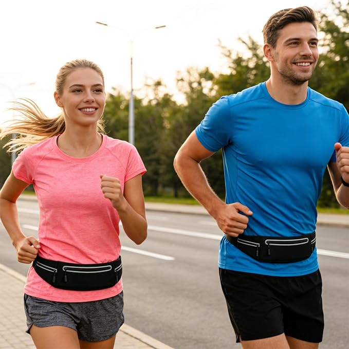 Slim Running Belt for Women Men,Phone Holder Waist Pack,Runners Fanny Pack | No-Bounce,Sweat-Proof Pocket,Travel Money Pouch for Gym/Hiking/Cycling,Three pocket,Two Highly Reflective Strips - Image 2