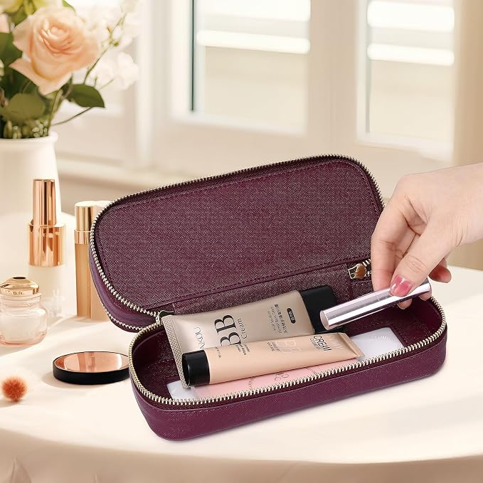 Pinkmik Double Layer Makeup Bag, Burgundy, Double SLIM | Makeup Brush Case, Waterproof, Travel Cosmetic & Toiletry Organizer - Image 3