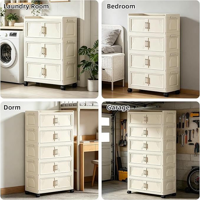 5 Tier Foldable Storage Cabinet with Lids, 313QT Large Premium PP Storage Organizer with Magnetic Doors and Wheels, Heavy Duty White Storage Bins for Home, Office, Kitchen, Dorm - Image 8