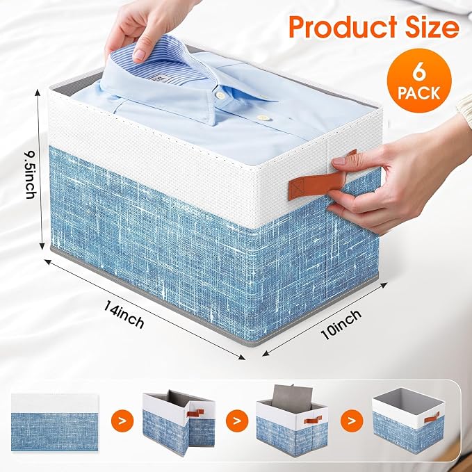 Collapsible Storage Baskets for Shelves,14"x10", 6 Pack Foldable Fabric Storage Bins with Double Leather Handles, Large Baskets for Organizing Books, Clothes, White & Blue - Image 2