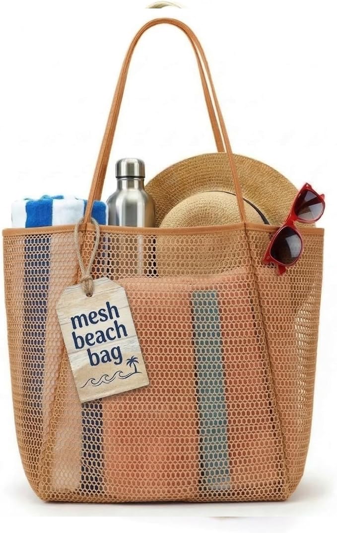 Rave Envy Large Mesh Beach Tote Bag - Waterproof Pool & Travel Beach Bag | Large Capacity | Sturdy Base | Lightweight Foldable Design | Quick-Drying Breathable Fabric | Spacious Multi-Pocket Storage by RaveEnvy