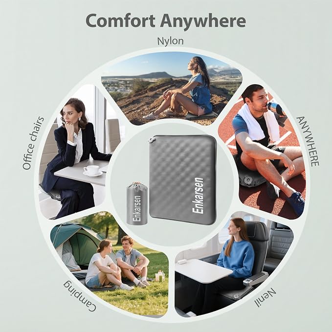 Inflatable Travel Seat Cushion – Self-Inflating Memory Foam Pad for Airplane, Stadium Bleachers, Camping, Hiking & Backpacking – Ultralight Compact & Portable Sitting Cushion (Grey) - Image 5