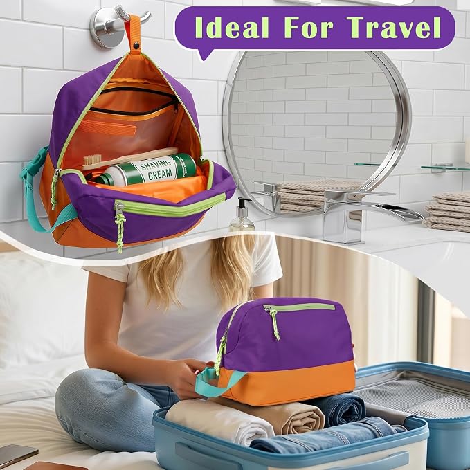Waterproof Makeup Bag For Women Girls Men,Two-Tone Colorblock Travel Toiletry Bag With Wet Pocket & Removable Transparent Bag, 8L Large Capacity Lightweight Vacation Essentials (Purple+Orange) - Image 3