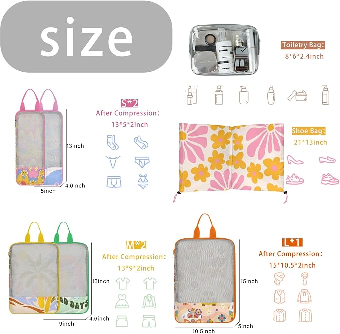 7 Pcs Compression Packing Cubes Travel for Suitcases, Luggage Organizer Washable Storage Bags Set for Backpack Travel- Packaging Cubes for Carry-Ons and Storage - Image 3