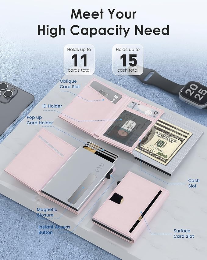 QLD RFID Wallet Women - Small Slim Trifold Wallet Anti-Theft Pop up Card Holder, Minimalist, Ultra Thin, Front Pocket, Premium Leather, 9-11 Cards Capacity | ID Window | Cash Slot - Image 2