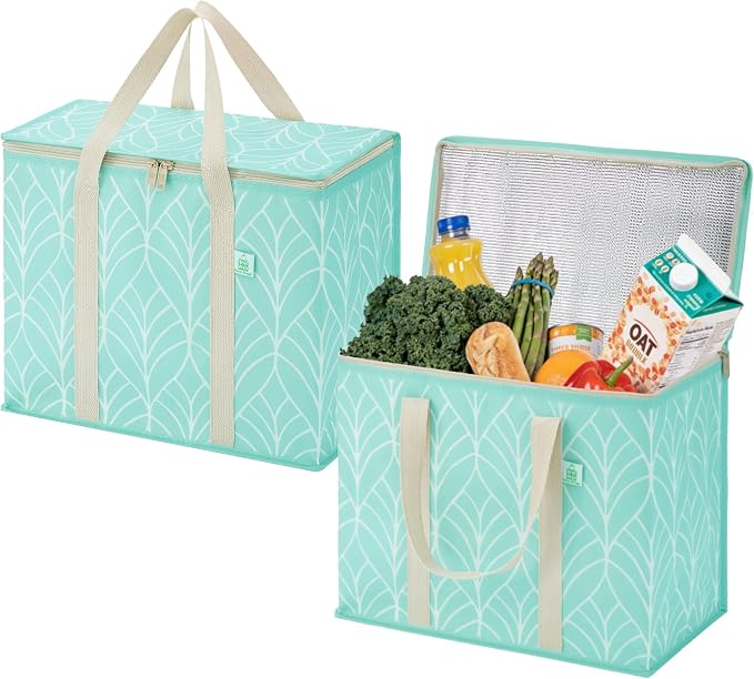 VENO 2 Pack Insulated Cooler Bag Reusable Grocery Bag for Food Delivery | Heavy Duty Large Collapsible Cooler Shopping Tote w/ Zippers, Foldable, Stands Upright for Camping Picnic(Evergreen, 2 Pack) by Veno