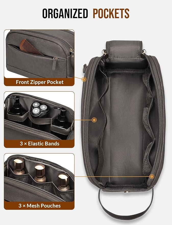 PU Leather Toiletry Bag for Men - Water Resistant Travel Bag for Toiletries, Bathroom Essentials, Accessories - Grey - Image 3