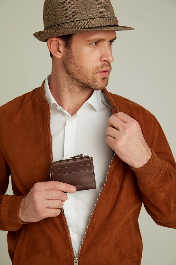 RFID Blocking Zipper Wallet, Slim Business Card Holder, Men & Women, Handcrafted Full-Grain Leather, Gift Box & Pouch, Christmas & Birthday, Brown - Image 2
