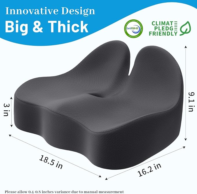 Memory Foam Seat Cushion, Ergonomic Office Chair Cushion for Long Sitting | Curved Tailbone Support Cushion for Car, Desk Chair and Wheelchair, Coccyx Comfort Pad with Breathable Cover, X-Large, Grey - Image 3
