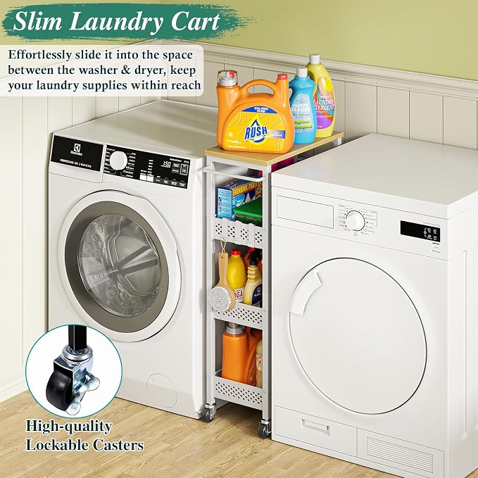 OKZEST 4-Tier Slim Rolling Storage Cart for Laundry Room, Bathroom, Kitchen | Upgraded metal hub casters, Narrow utility cart for small space/gaps, Premium wood top & metal mesh shelf, with handle & hook - Image 2