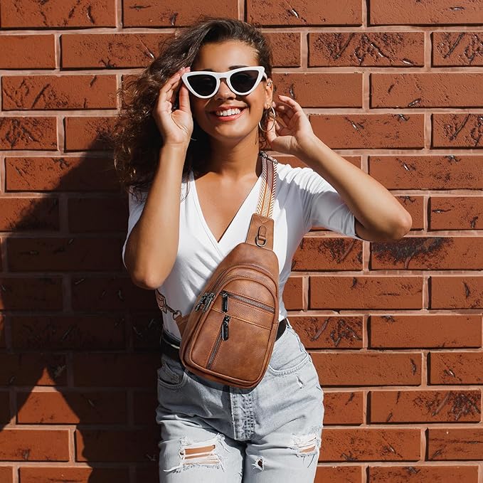 Anti-theft Sling Bags Women Small PU Leather Chest Fanny Pack | RFID Blocking,Safety Zipper,5 Card Slots,Adjustable Strap,Large Capacity,Multi Pockets,Faux Leather,Daypack,Bum Bags,Travel - Image 2