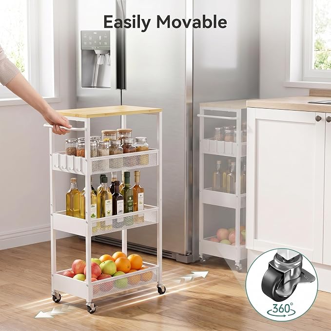 Rolling Utility Cart, 4 Tier 11.8" Wide Metal Storage Cart with Handle and Wood Top, Multifunctional Mobile Shelf Unit Organizer Trolley for Laundry, Bathroom, Kitchen - Image 4
