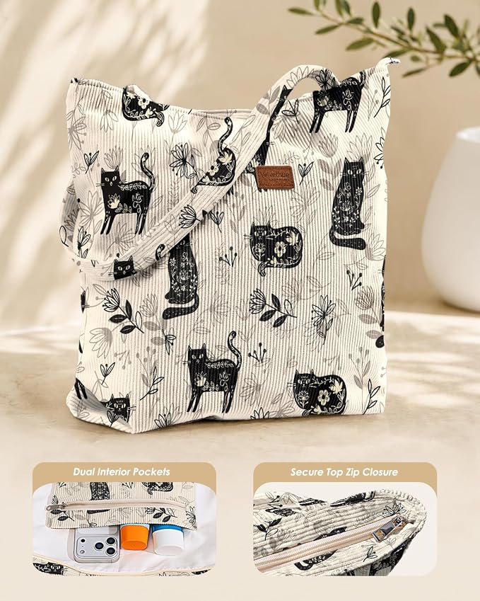 Aesthetic Corduroy Tote Bag with Zipper for Women | Reusable, Fits 14 Inch Laptop, Inner Pocket, double-sided print, Lightweight - Image 4