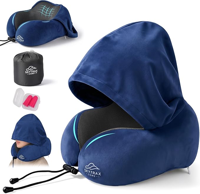 SkytraxComf® Travel Neck Pillow with Hood for Privacy on Long Flights | Memory Foam | Airplane Sleep | Safety-Tested Materials | Extra Large Hood | Chin Support | Earplugs | Washable Cover by SKYTRAXCOMF