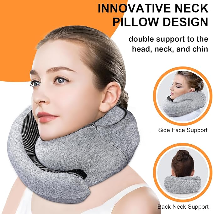 Travel Pillow - Hooded Neck Pillow Airplane Memory Foam Filling | for Plane, Office, Cars Sleeping, Road Trip, Long Flights Essentials, Includes Eye Mask & Earplugs (Light Gray) - Image 4