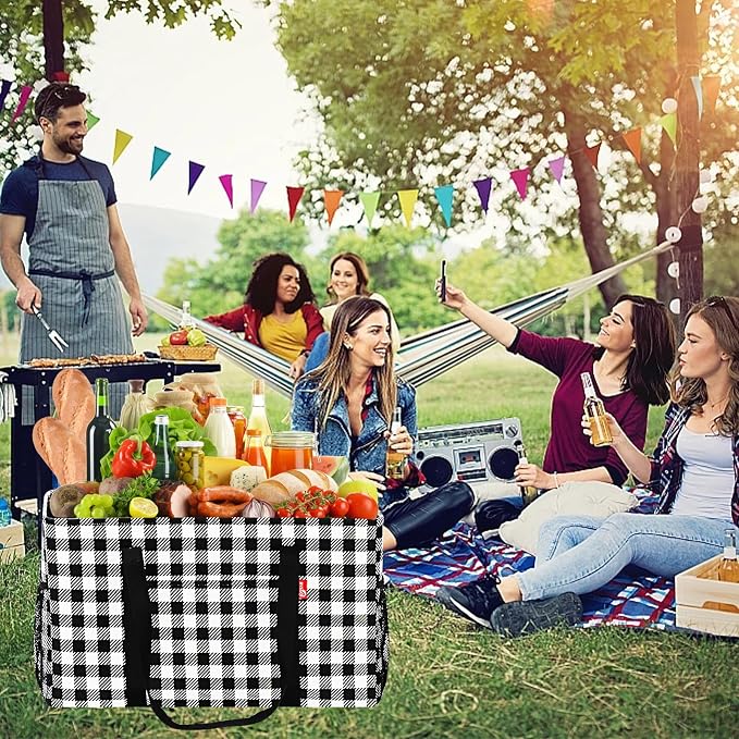 Extra Large Utility Tote Bag, Foldable Reusable Grocery Bags with Metal Wire Frame & Reinforced Bottom Board, Stand up Large Utility Tote for Groceries, Beach Bag, Laundry, Car (Cube Plaid) - Image 2