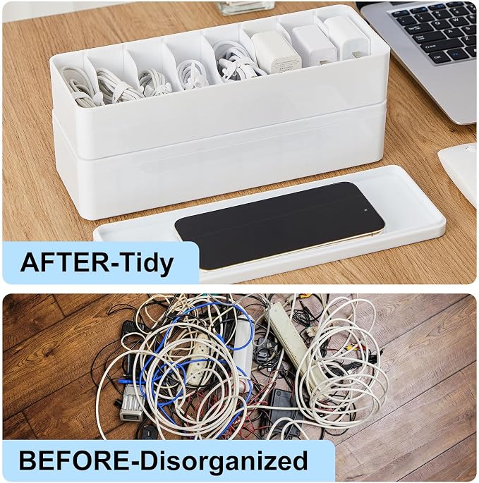 Tatuo 1 Pcs Cord Organizer for Drawer Desktop, Cable Organizer Box with 8 Compartments and Wire Ties, Plastic Charger Storage with Lid, Electronics Case for Home Office Accessories (Small,White) - Image 5