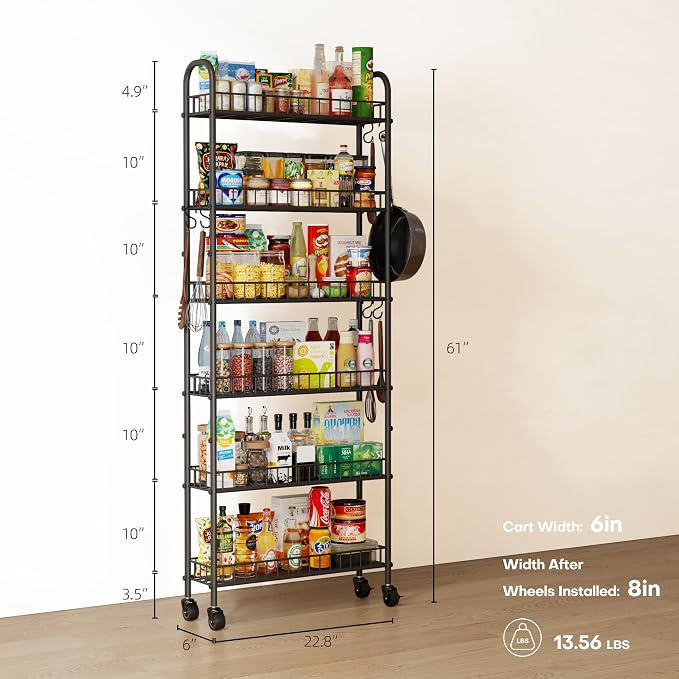 6-Tier Slim Storage Cart, Rolling Kitchen Cart with Wheels | Narrow Metal Shelf Organizer with Hooks for Kitchen, Bathroom, Living Room, Laundry, Small Spaces, Black, 6 in - Image 2