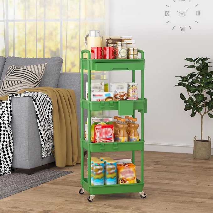 4 Tier Rolling Utility Cart with Drawer, Plastic Storage Organizer Rolling Carts with Wheels Handles Hanging Cups Hooks for Office, Bathroom, Kitchen,Craft Art Room (Green) - Image 8