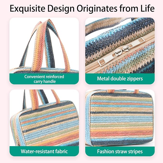 Toiletry Bag with Hanging Hook Straw Rainbow Stripes Cosmetic Bag Water-resistant Travel Bag Preppy Makeup Bag for Store Toiletries Cosmetic Accessories and Sets for Women Blue - Image 2