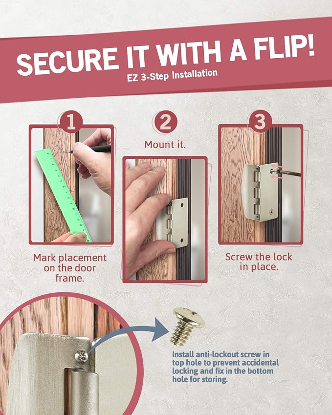 Jack N’ Drill Flip Action Door Lock (6 Pack)- Reversible Privacy Door Locks with Anti Lockout Screw for Child Proofing and Home Defense, Easy to Install and Durable Lock for Interior Swing-in Doors - Image 4